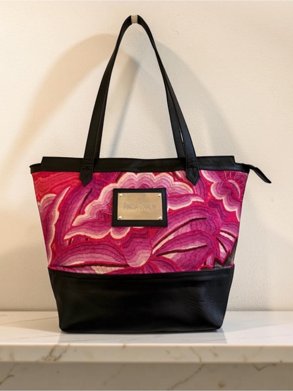 Pineda Covalin Cowhide Silk Embroidered Satchel Tote Zip Top Bag